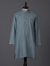 Teal green linen kurta suit with brotch