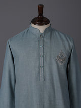 Teal green linen kurta suit with brotch
