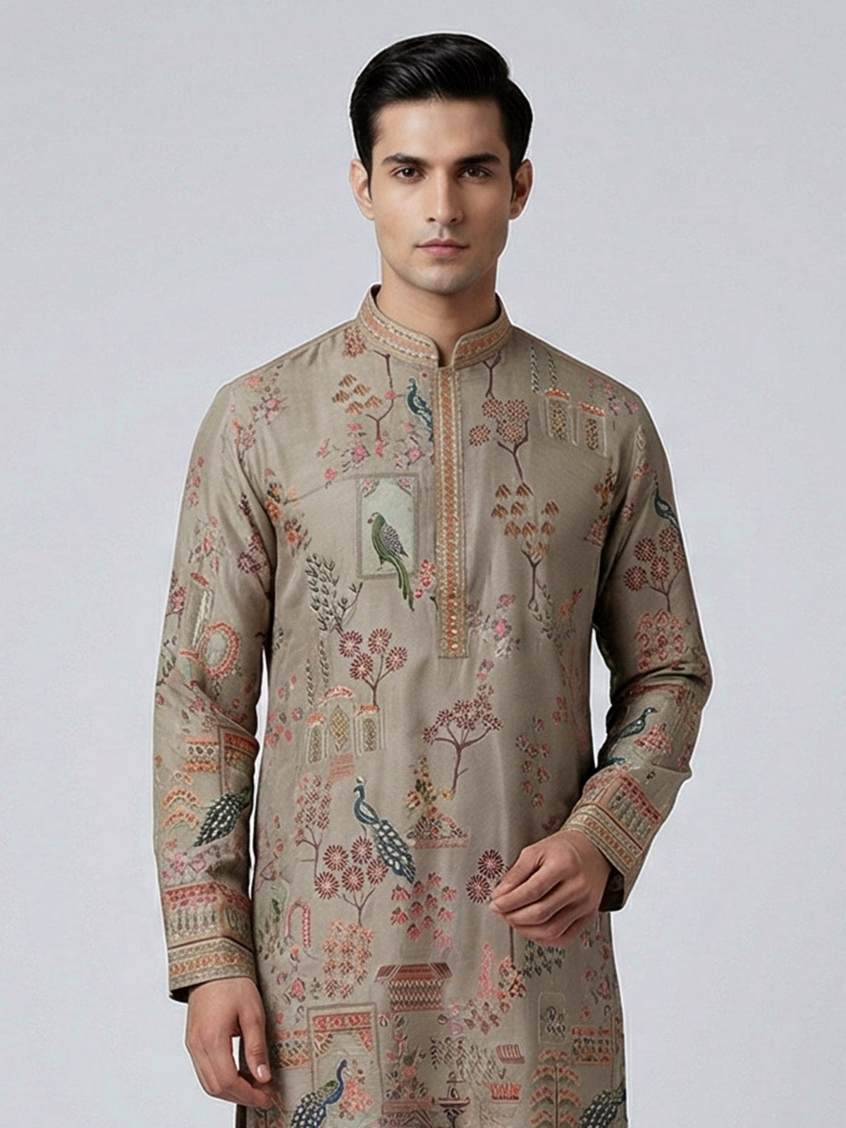 Olive silk printed thread work festive kurta suit