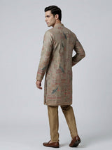 Olive silk printed thread work festive kurta suit