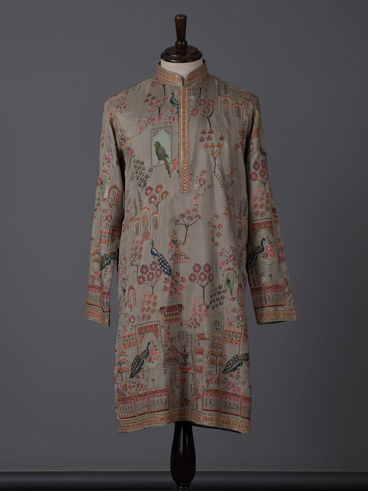 Olive silk printed thread work festive kurta suit