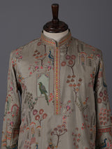 Olive silk printed thread work festive kurta suit