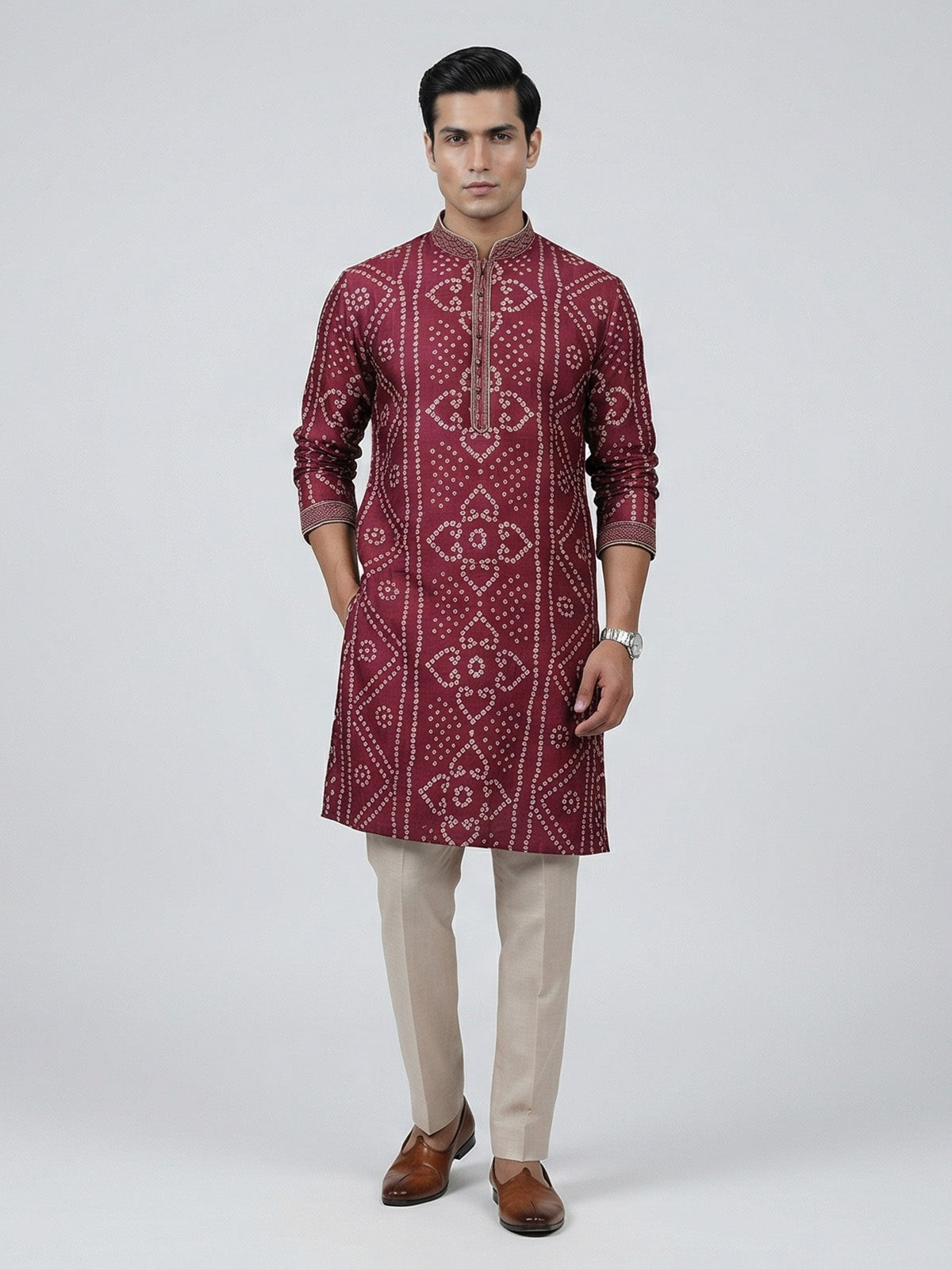 Purple silk bandhej printed festive kurta suit
