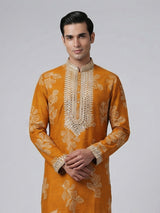 Mustard yellow silk aabla work haldi festive kurta suit