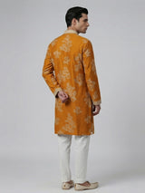 Mustard yellow silk aabla work haldi festive kurta suit