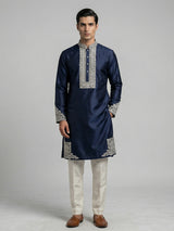Navy blue silk aabla work festive kurta suit