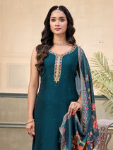 Peacock green silk embellished festive sleeveless straight salwar suit