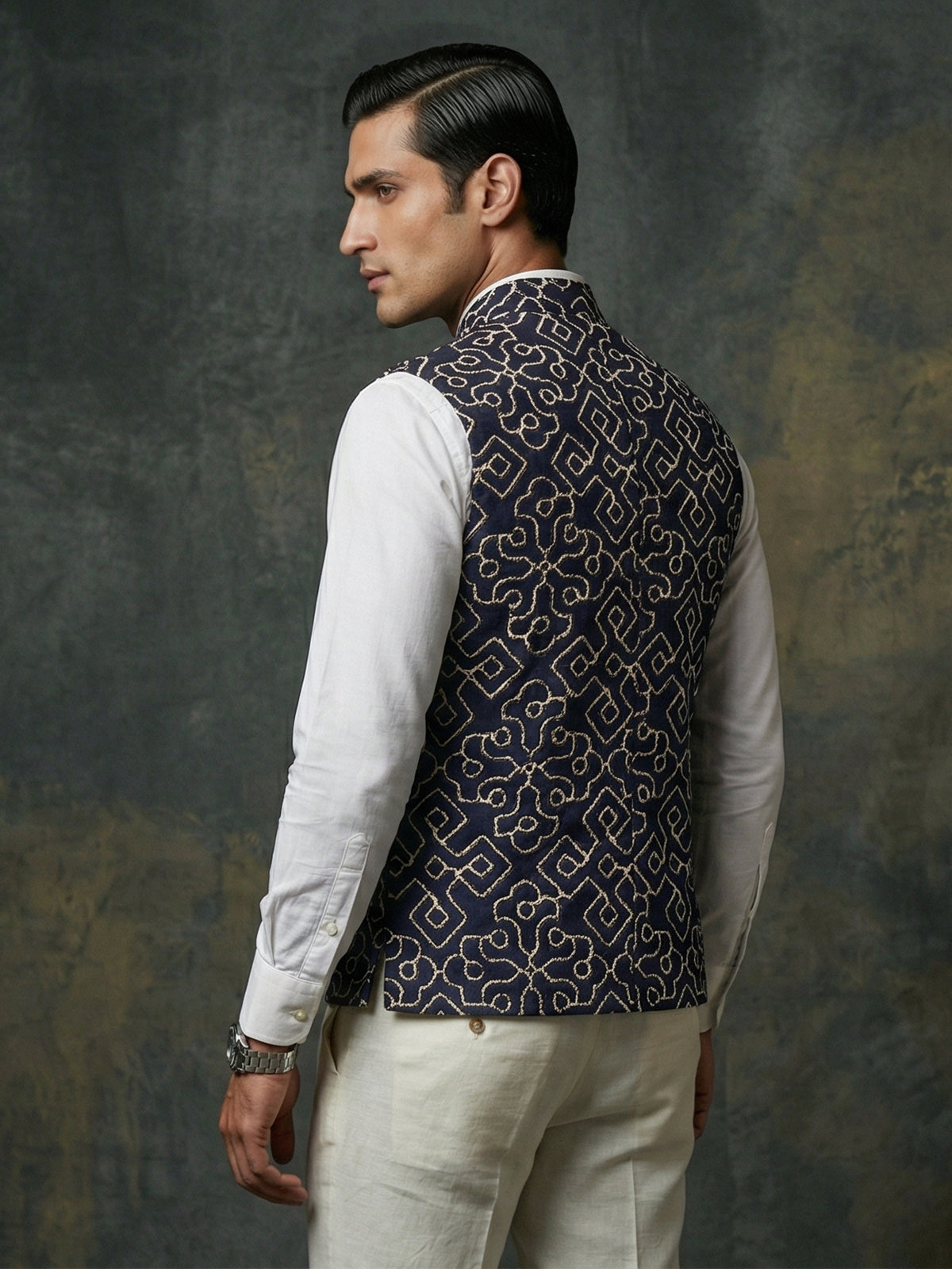 Navy blue cotton thread work wedding festive waistcoat