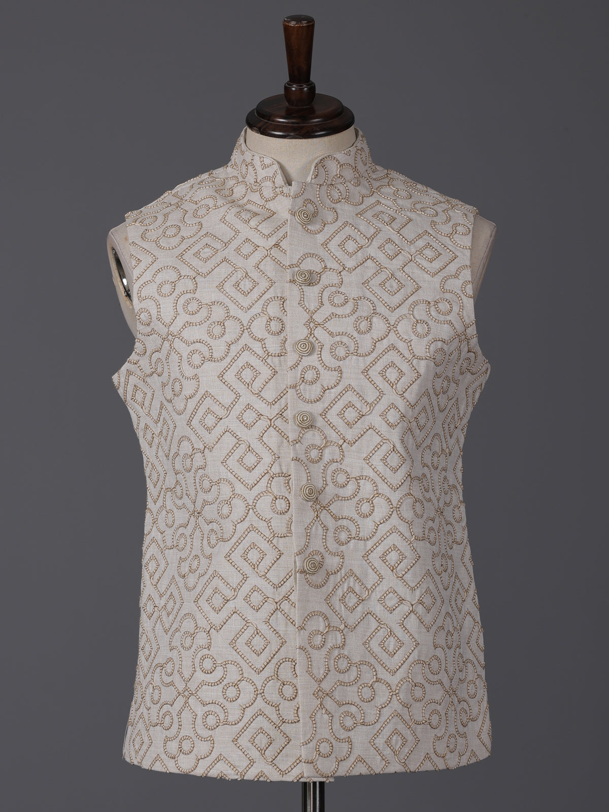 Beige cotton thread work elegant festive waistcoat