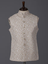 Beige cotton thread work elegant festive waistcoat