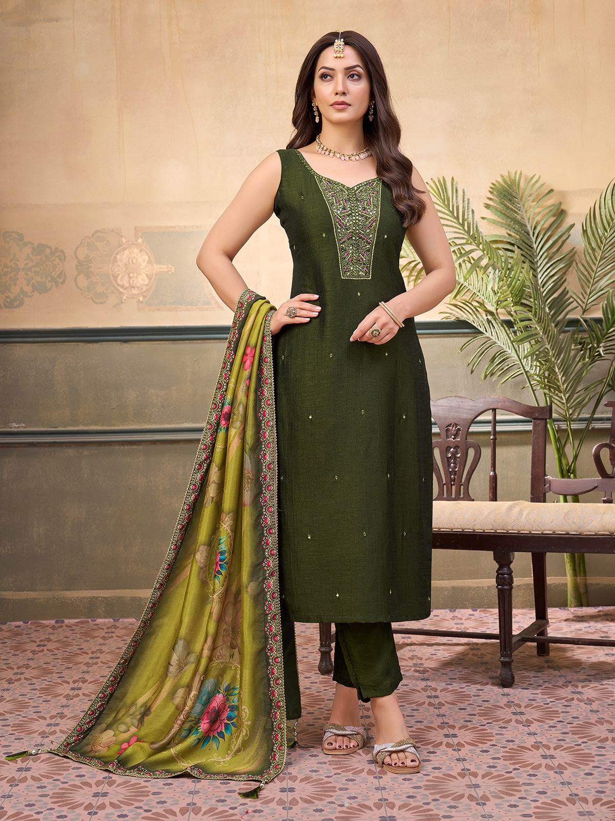 Mehendi green silk aabla embellished festive sleeveless salwar suit