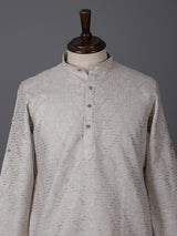 Beige cotton linen thread work festive kurta