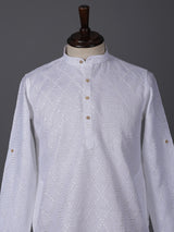 White cotton linen thread work classic festive kurta