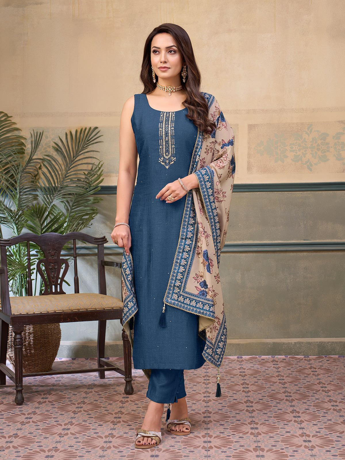 Stone blue silk round neck embellished festive salwar suit