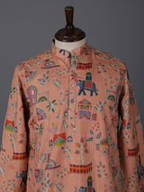 Peach silk printed thread sequins festive kurta