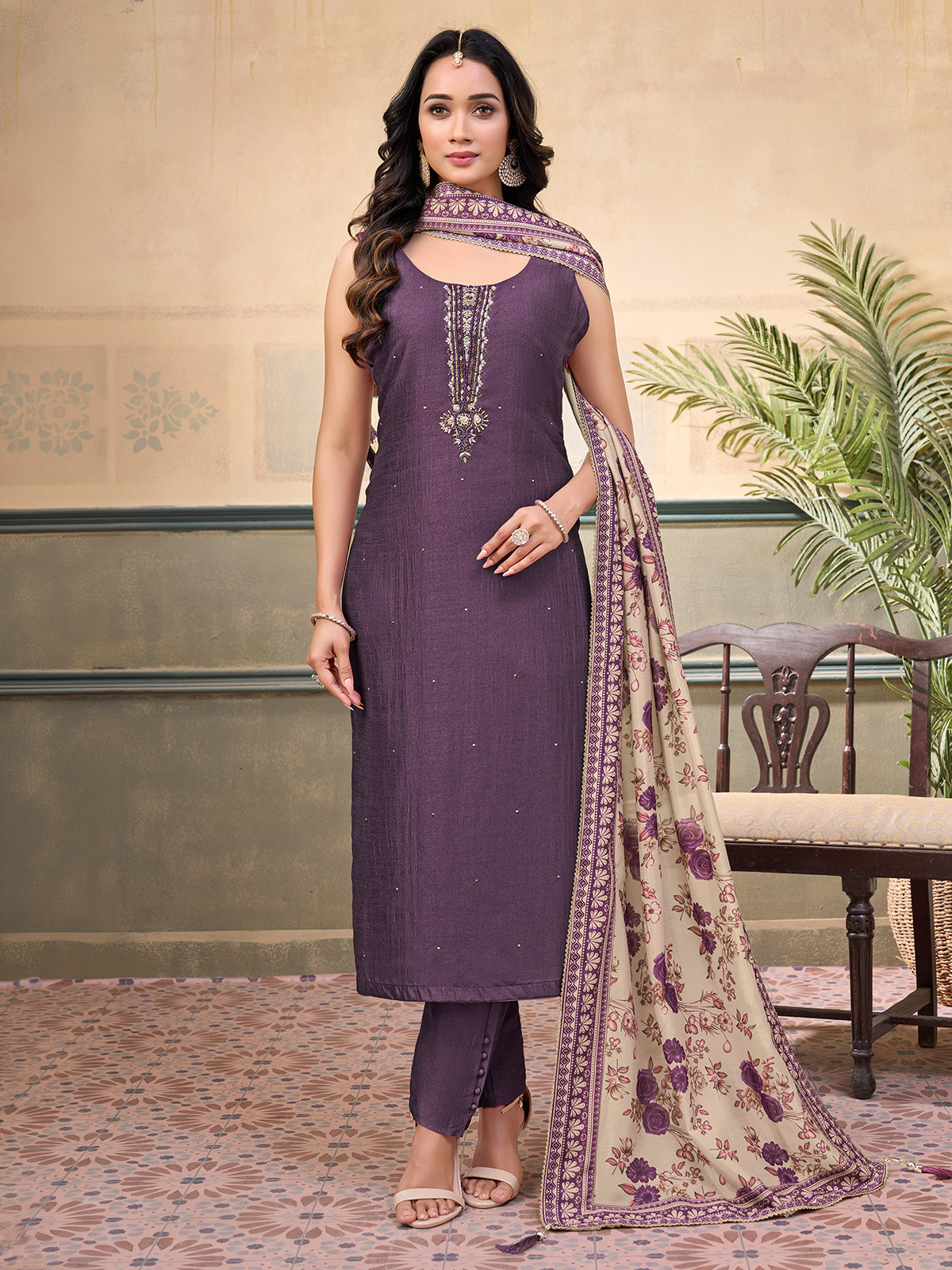 Purple silk sleeveless embellished straight cut salwar suit