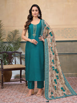 Aqua silk sleeveless embellished festive straight cut salwar suit