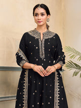 Black silk anarkali embellished festive stand collar salwar suit