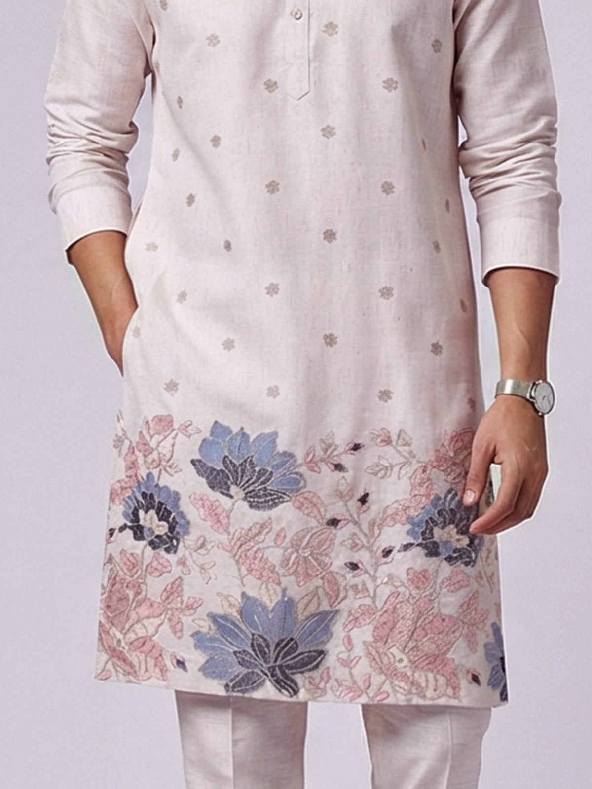 Beige cotton linen thread work wedding festive kurta