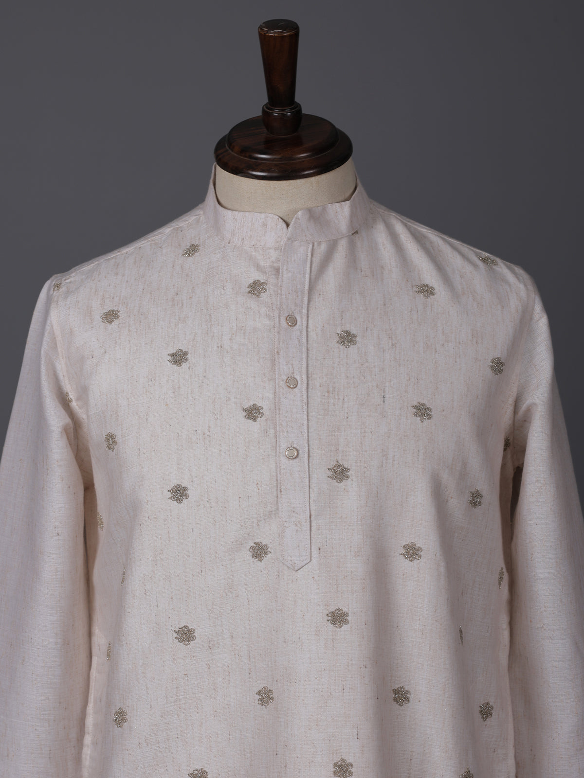 Beige cotton linen thread work wedding festive kurta