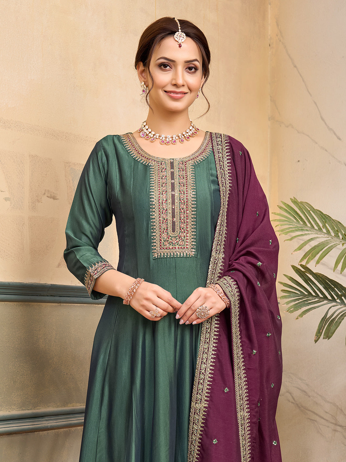 Pastel green silk anarkali festive embellished suit