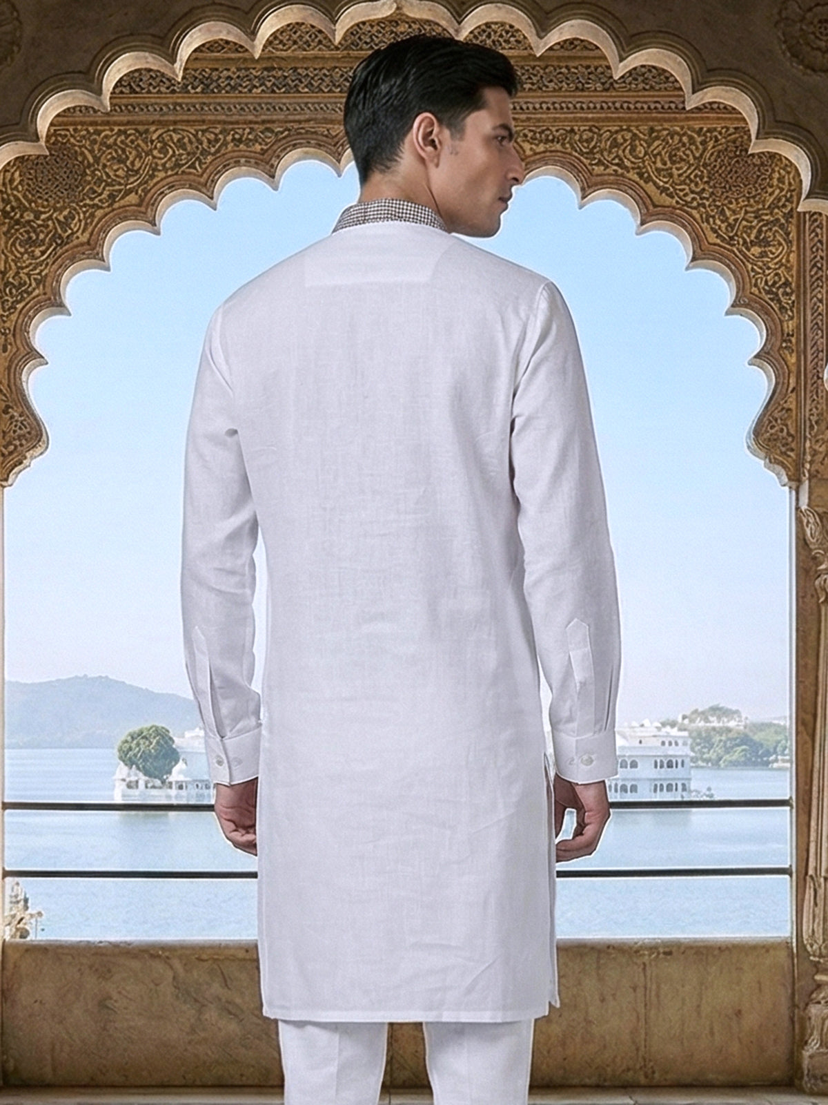 White linen embroidered elegant wedding festive kurta