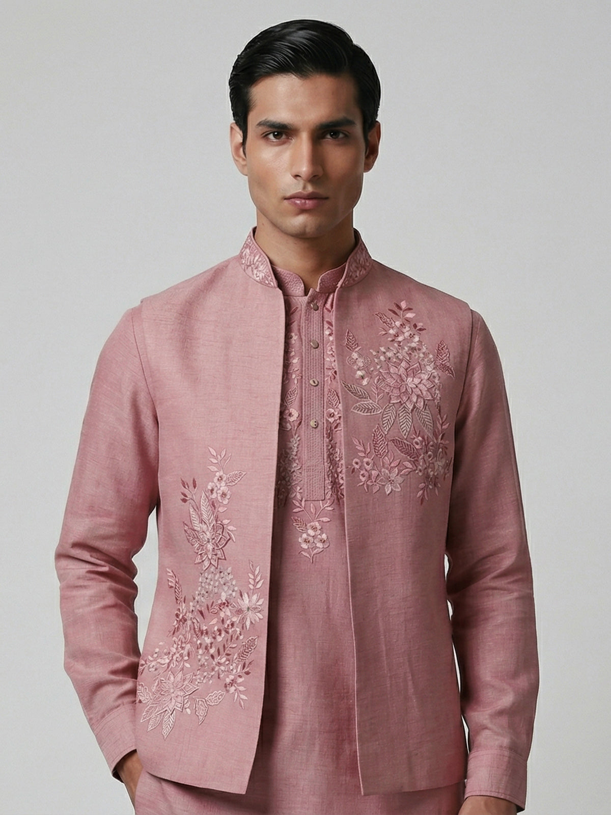 Onion pink silk resham work wedding waistcoat set