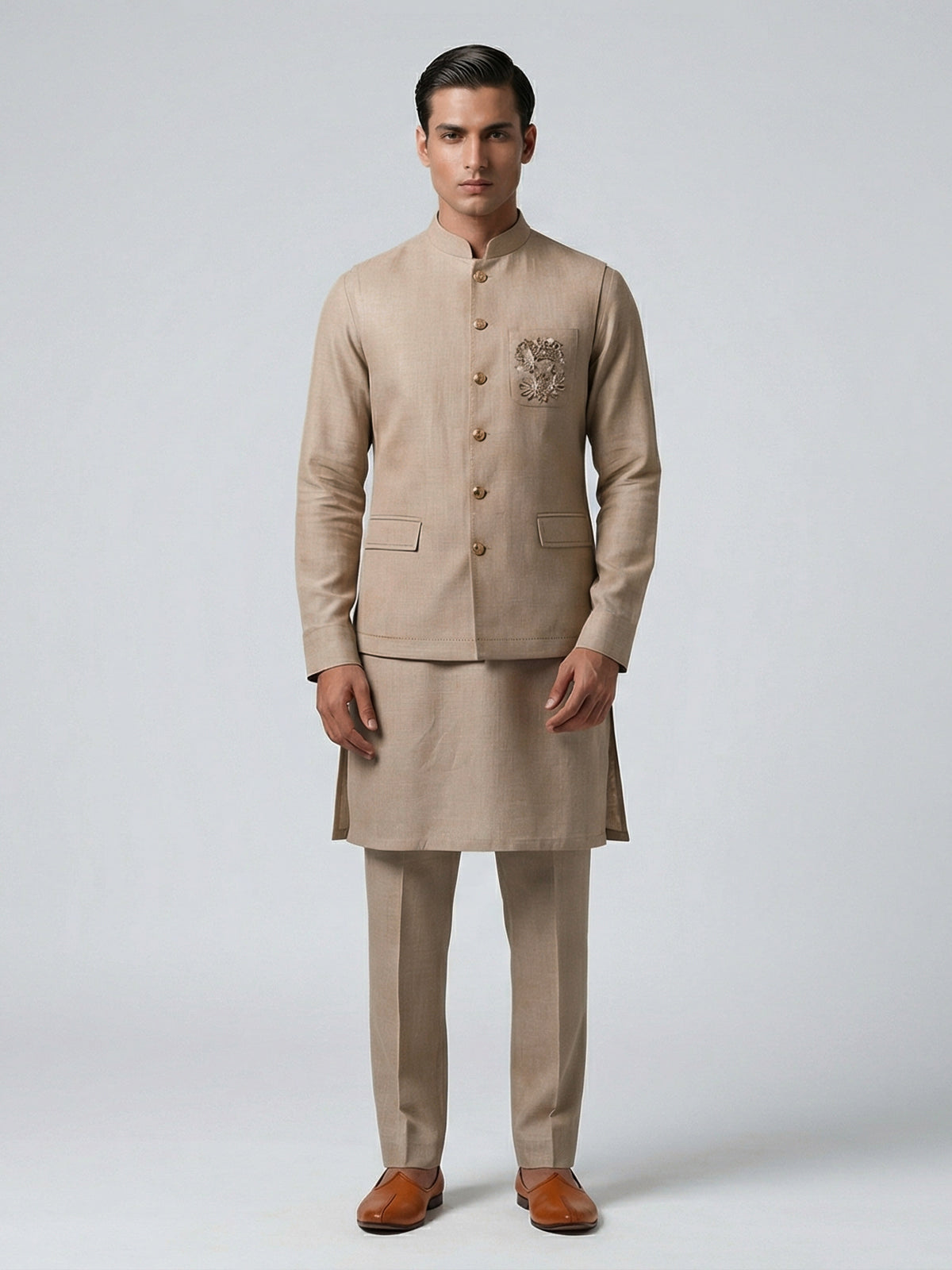 Beige linen zardosi embellished festive waistcoat set
