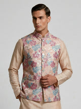 Multicolor silk printed resham festive waistcoat set