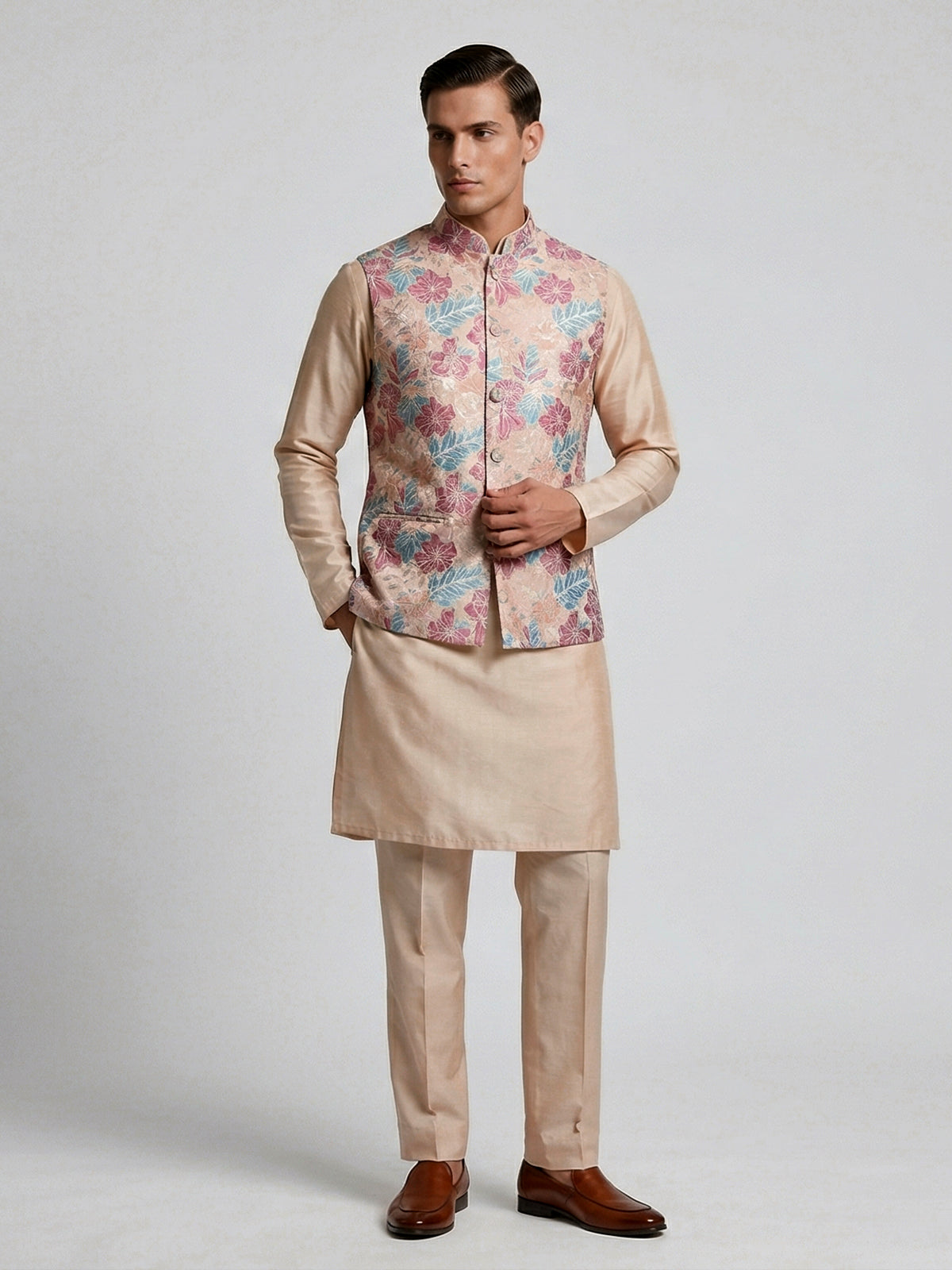 Multicolor silk printed resham festive waistcoat set