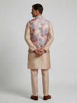 Multicolor silk printed resham festive waistcoat set