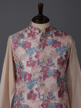Multicolor silk printed resham festive waistcoat set