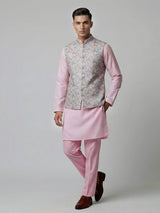 Light pink silk printed sequins festive waistcoat set