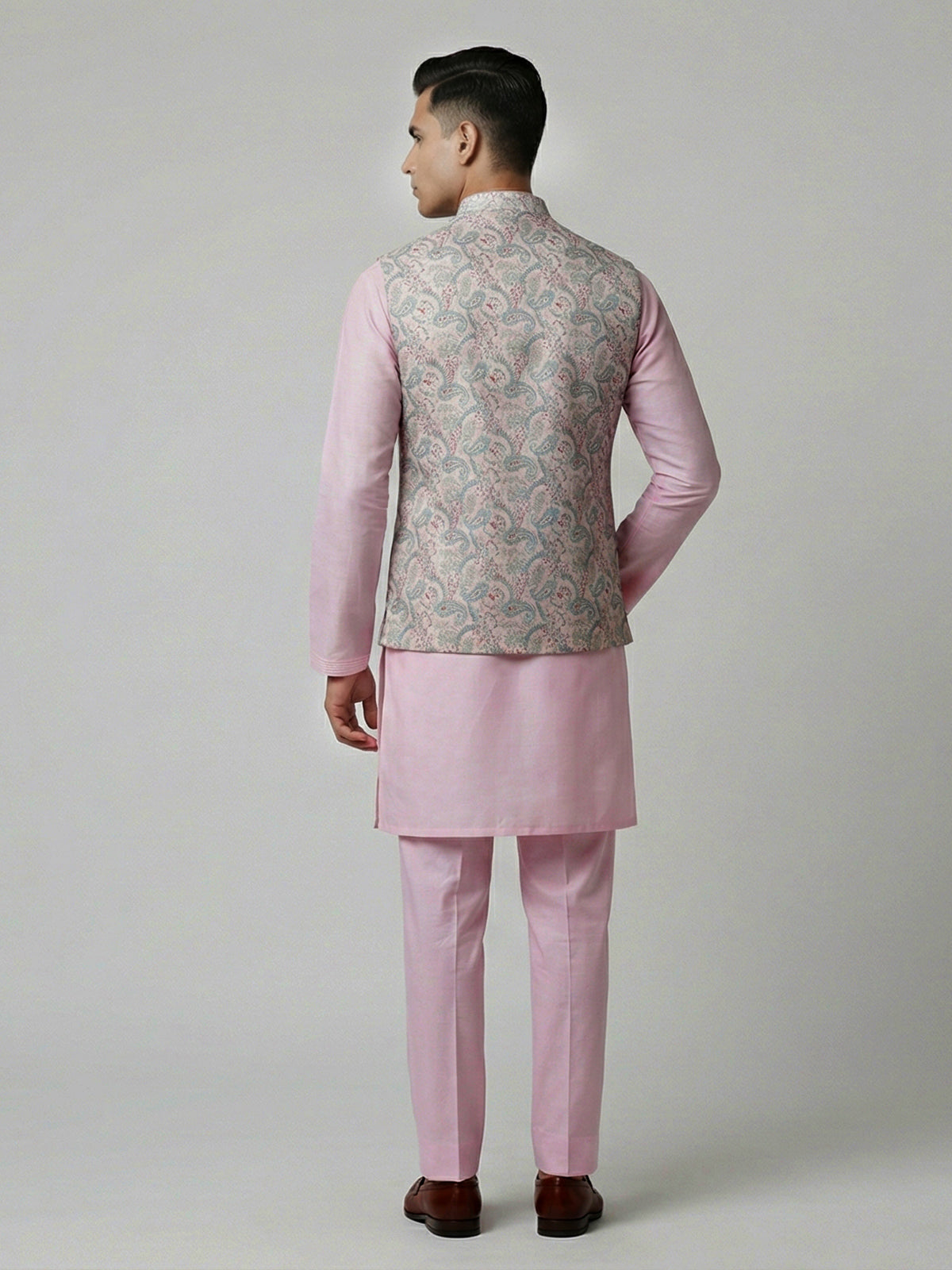 Light pink silk printed sequins festive waistcoat set
