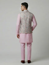 Light pink silk printed sequins festive waistcoat set