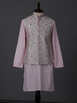 Light pink silk printed sequins festive waistcoat set
