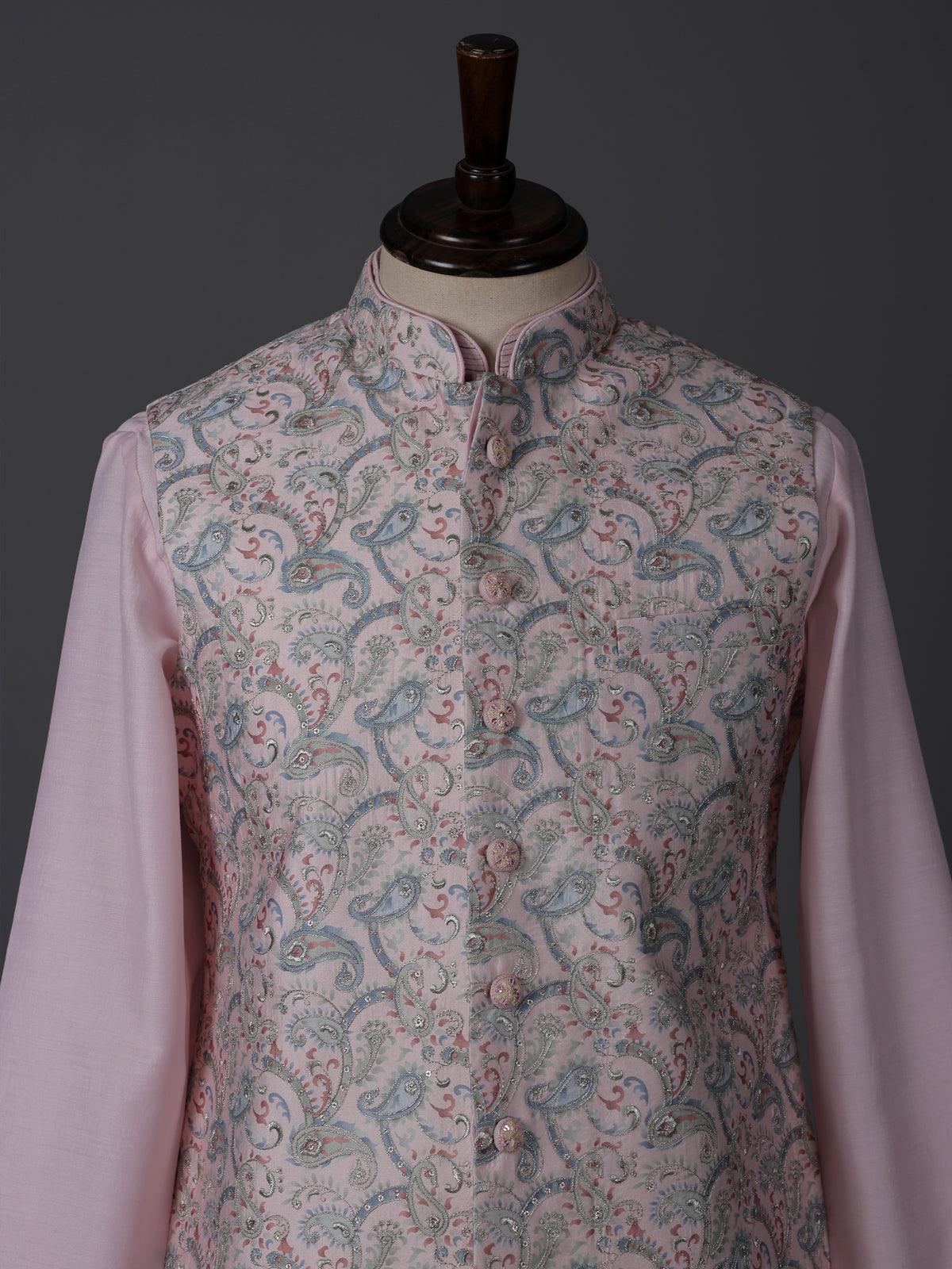Light pink silk printed sequins festive waistcoat set