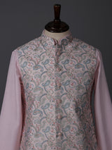 Light pink silk printed sequins festive waistcoat set