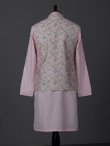 Light pink silk printed sequins festive waistcoat set