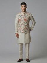 Cream silk floral mirror work festive waistcoat set