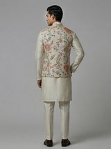 Cream silk floral mirror work festive waistcoat set