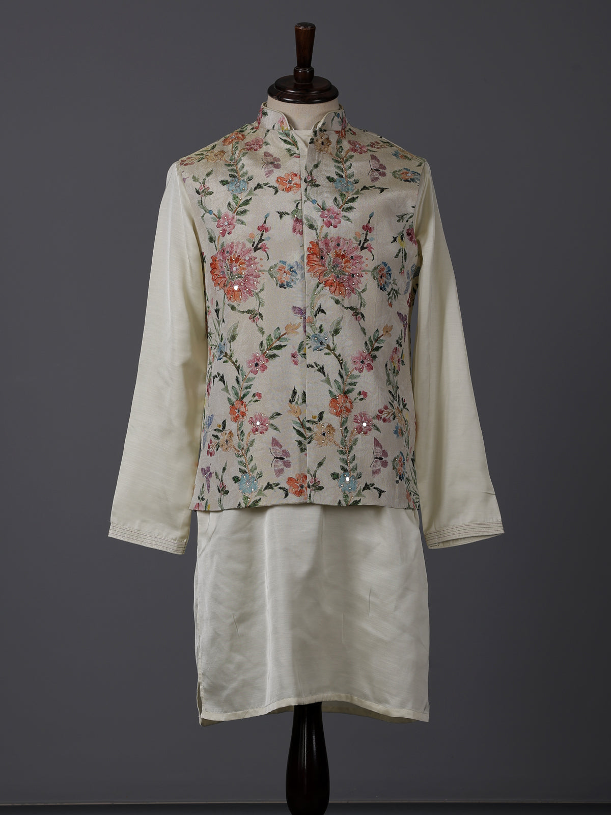 Cream silk floral mirror work festive waistcoat set