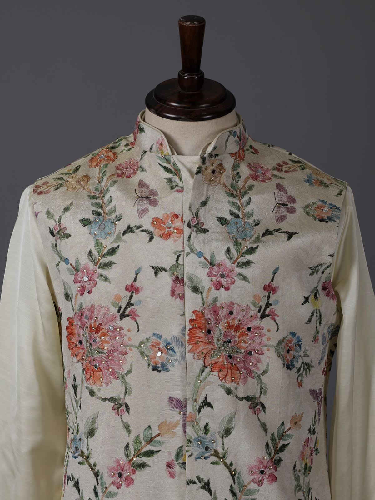 Cream silk floral mirror work festive waistcoat set