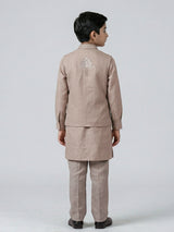 Beige linen embroidered festive wear waistcoat set