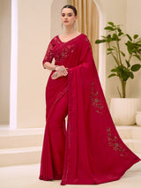 Cherry red satin chiffon party wear saree