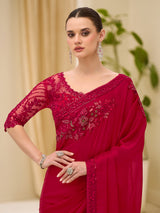 Cherry red satin chiffon party wear saree