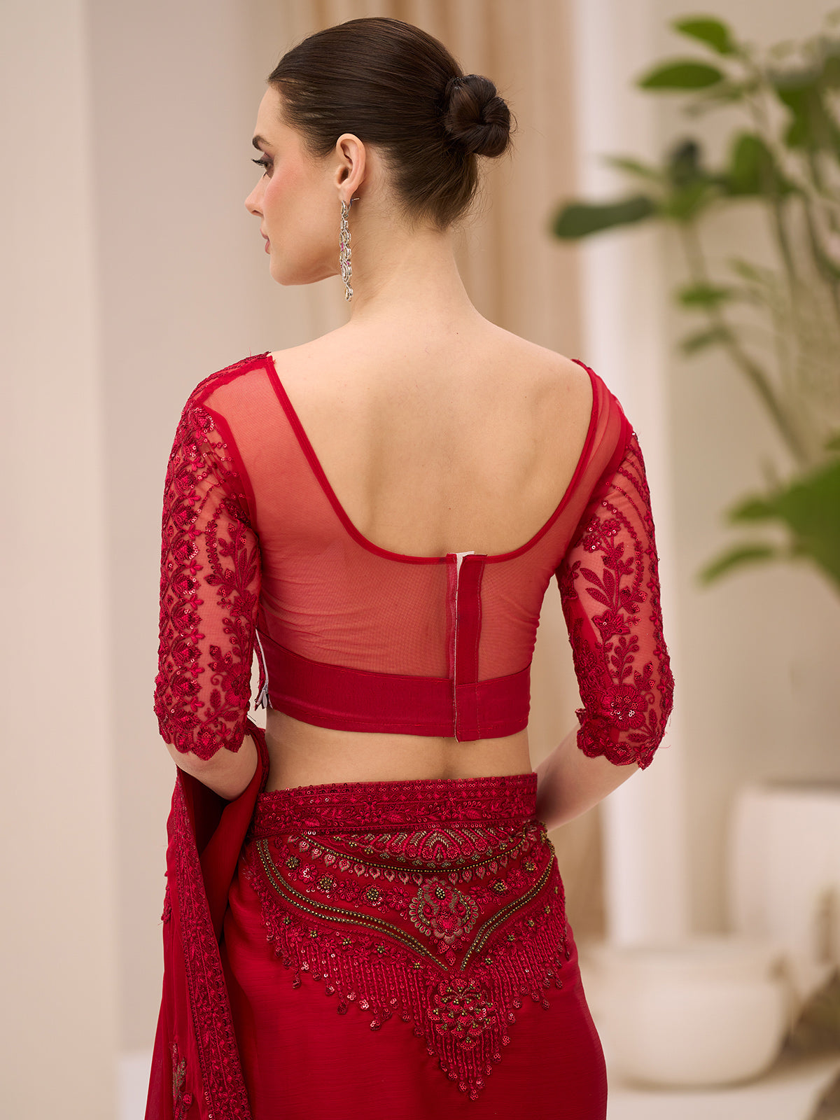 Cherry red satin chiffon party wear saree