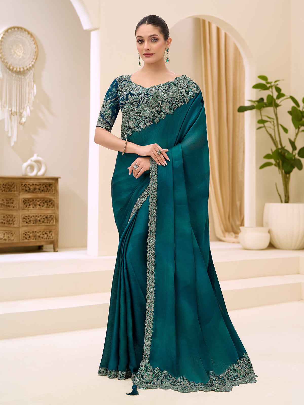 Rama green satin chiffon saree with resham and sequins