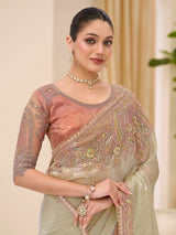 Beige festive wear tissue saree with resham embroidery