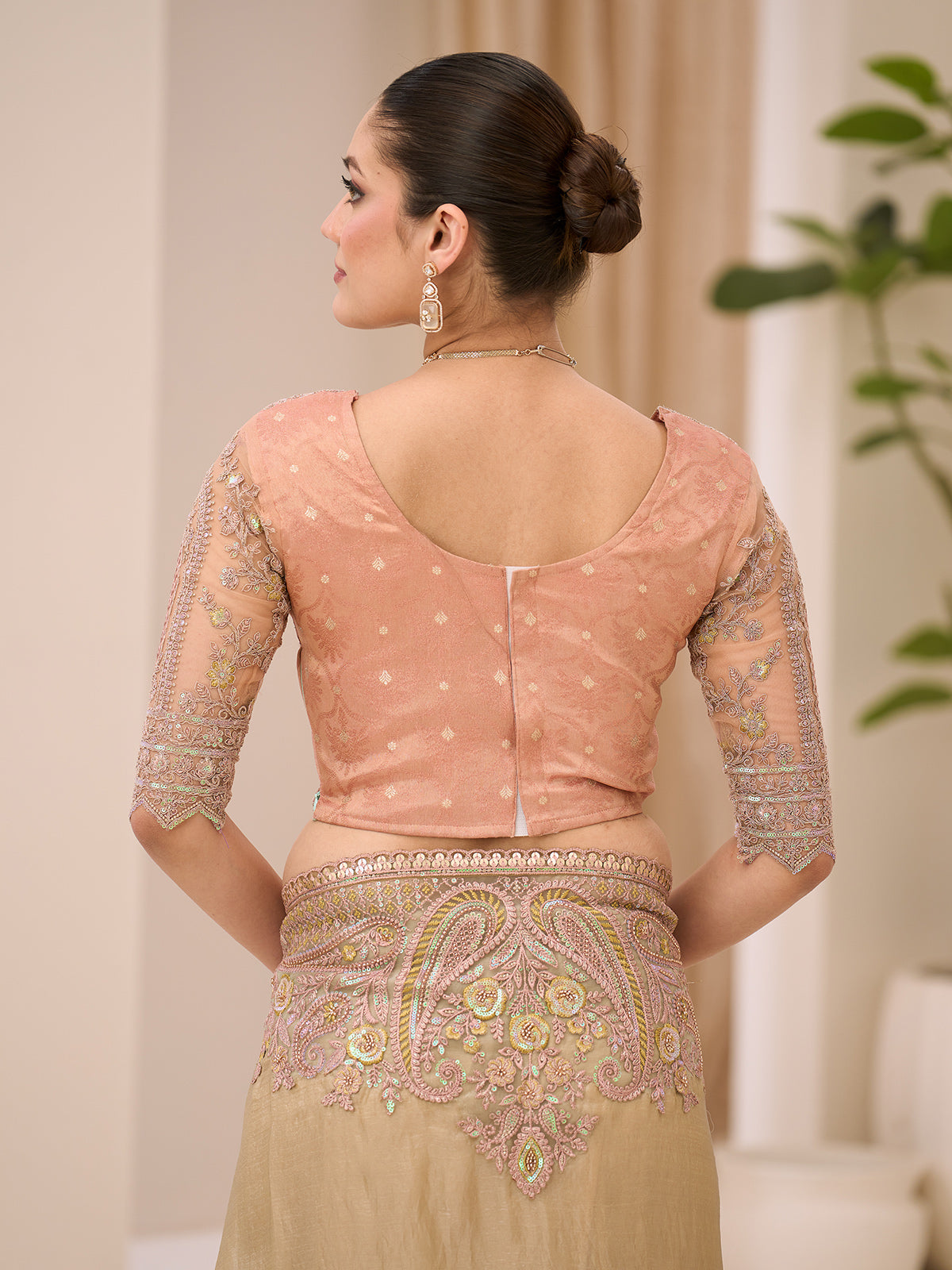 Beige festive wear tissue saree with resham embroidery